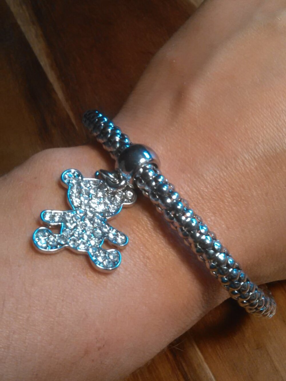 White Austrian Crystal Teddy Bear Silvertone Stretch Bracelet